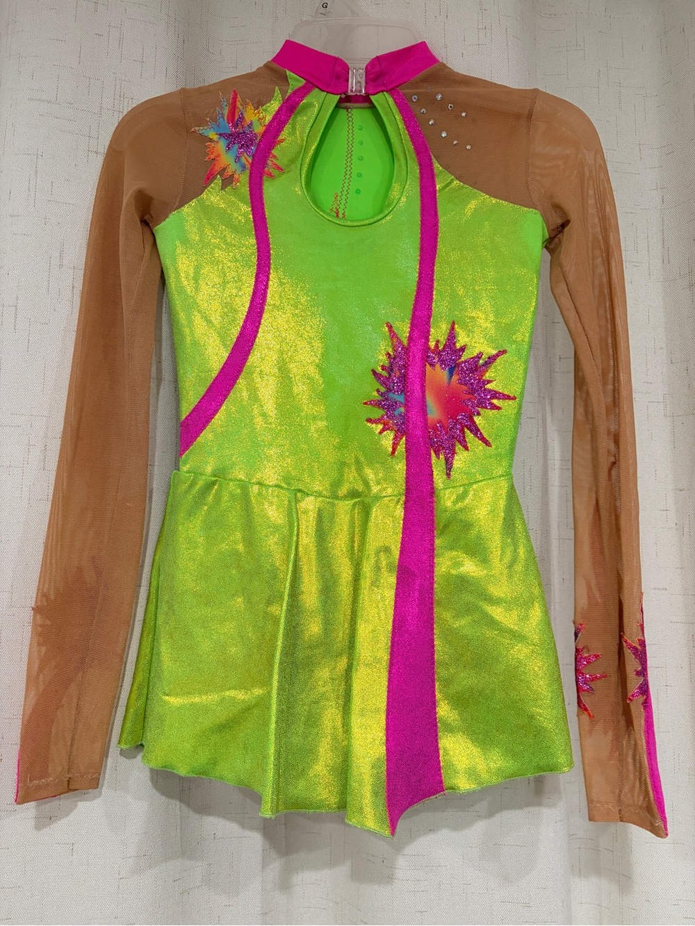 Neon Lime Green and Hot Pink Figure Skating Dress - Picture 3 of 4